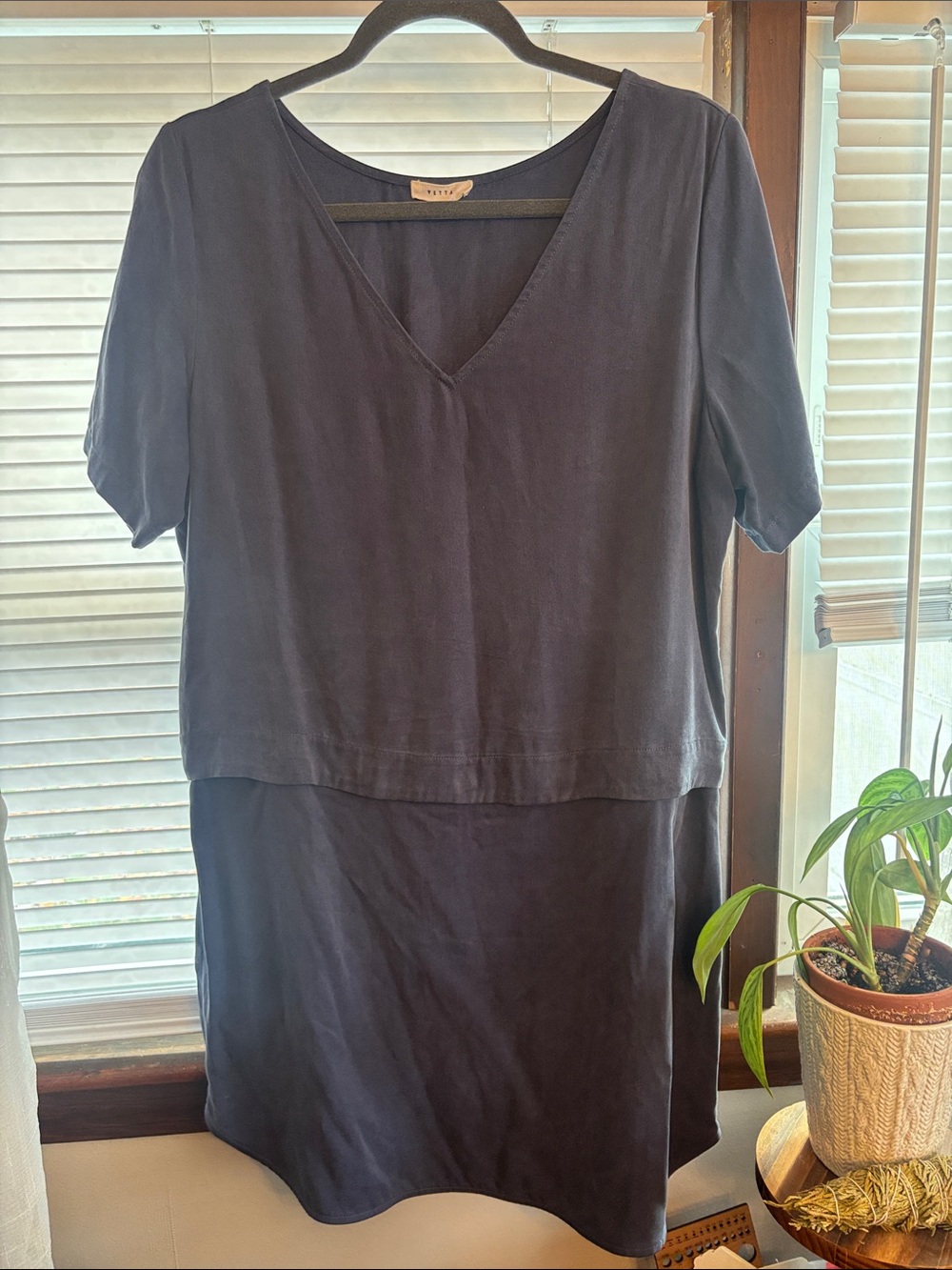 Women's steel blue reversible V-Neck/crew Short Sleeve Dress, w/detachable skirt